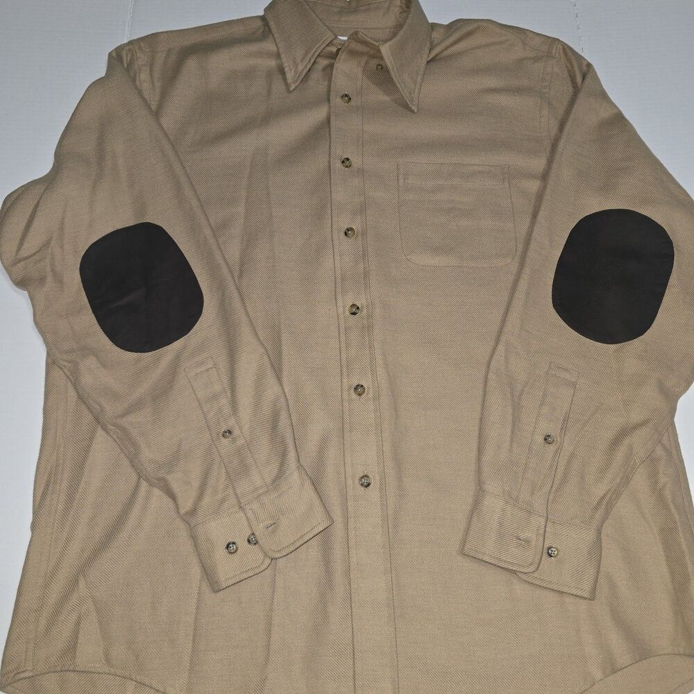 Brooks Brothers Brooksflannel Men L Cotton Wool Blend Khaki Shirt Elbow Patches